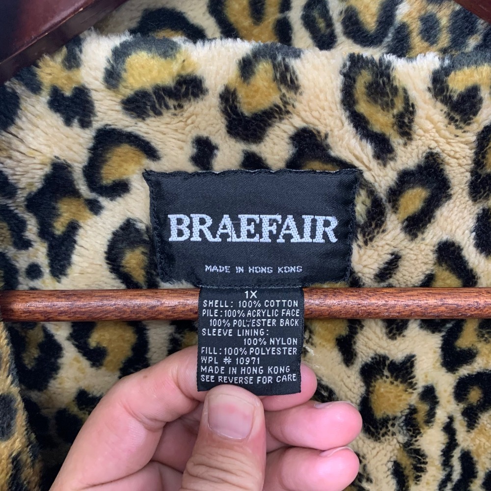 Braefair Denim Jacket Womens 1X Blue Leopard Faux Fur Lined Chore Coat Vintage - Picture 4 of 12